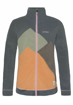 Fleecejakke med fuld pink lynlås, høj krave og farveblokpaneler i grå, grøn, orange og brun, med "protest" logo på brystet.