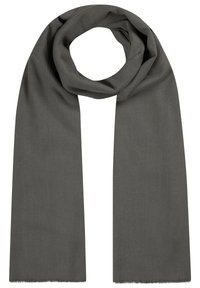 Écharpe gris foncé en tissu doux, présentant un design simple et allongé avec des bords effilochés et sans motifs ni matériel visible.