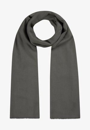 Dunkelgrauer Schal aus weichem Material, mit einem schlichten, länglichen Design, fransigen Kanten und ohne sichtbare Muster oder Hardware.