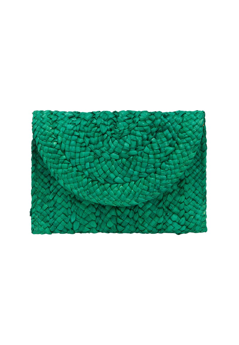 Zaļa austā somiņa ar tekstūrētu, pinumu dizainu. Vēstuļu tipa apakšklājs ar izliekto augšdaļu un gludu virsmu.