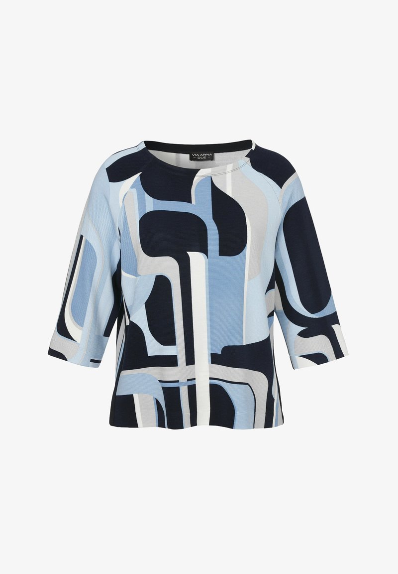 Korte mouw top in lichtblauw, marineblauw en wit met abstracte geometrische patronen. Heeft een ronde halslijn en een gestructureerde stof.