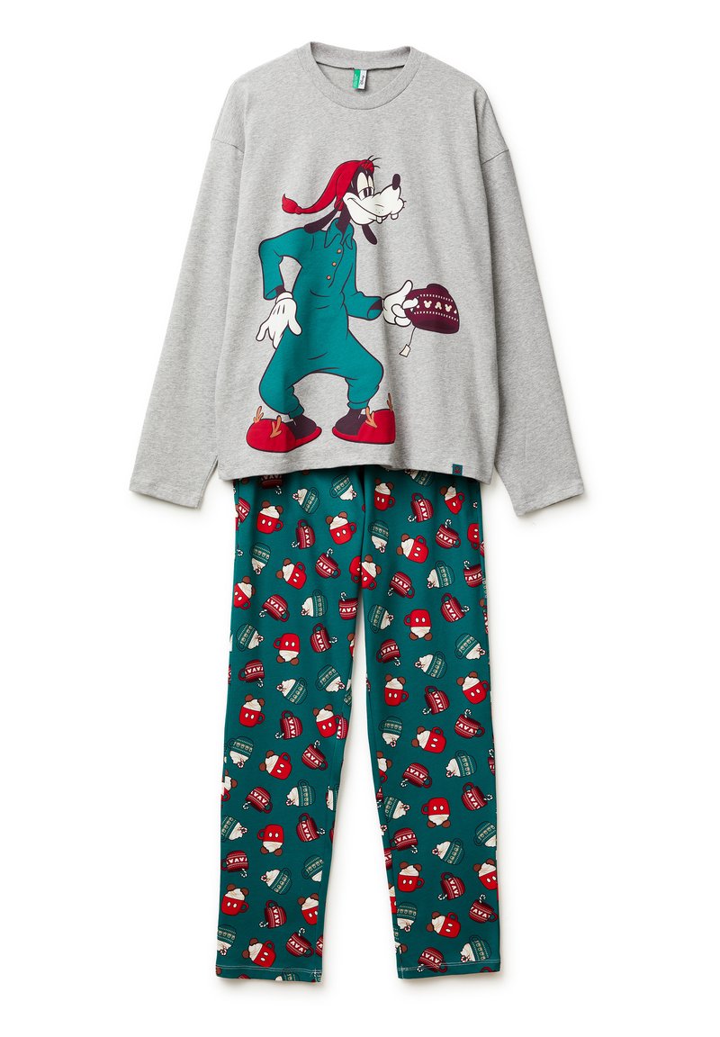 Pijama gris de manga larga con un gráfico de Goofy; pantalones verde azulado con un patrón repetido de sombreros rojos y verdes. Tela de algodón.