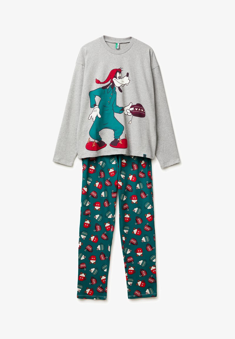 Pijama gris de manga larga con un gráfico de Goofy; pantalones verde azulado con un patrón repetido de sombreros rojos y verdes. Tela de algodón.