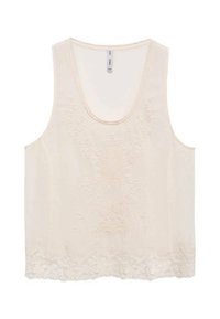 Crème tanktop met een ronde halslijn, geborduurde bloemenpatronen en delicate kantafwerking aan de onderkant. Lichtgewicht stof met een gladde textuur.