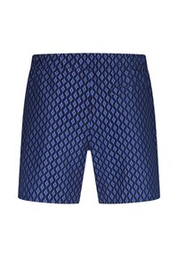 Shorts de bain bleu marine avec un motif géométrique en bleu clair, ceinture élastique et une poche arrière.
