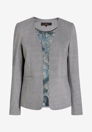Grijs op maat gemaakte damesblazer met open voorkant en binnenvoering met paisley-patroon in blauw, wit en goudtinten.