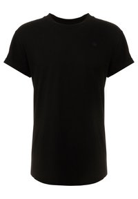 T-shirt nera in cotone con collo rotondo e maniche corte. Presenta un piccolo logo sul petto. Texture liscia, vestibilità classica e senza pattern.