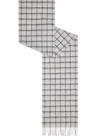 Gray scarf with a grid pattern in dark gray lines. Made of soft fabric, featuring fringed edges along the bottom.