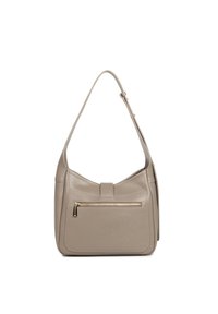 Sac à épaule en cuir beige avec une texture lisse, une bandoulière simple, une poche zippée à l'avant et une forme arrondie. Accents en métal doré.