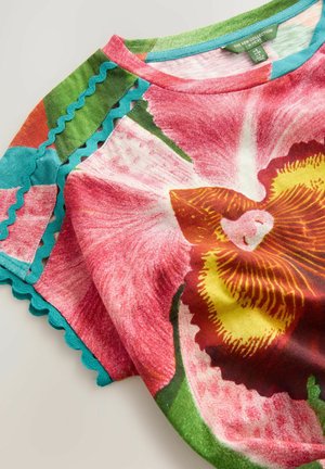 Blumen-T-Shirt mit kurzen Ärmeln, bedruckt mit rosa Orchideen, in Türkisfarbener Einfassung und mit gewelltem Saum, aus weichem, leichtem Stoff gefertigt.