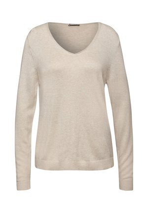 Beżowy sweter dziany, długie rękawy, dekolt w serek, prążkowane mankiety i dół, lekki materiał o gładkiej teksturze.