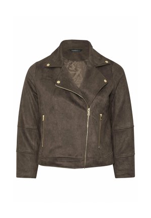 Brun ruskind cropped jakke med asymmetrisk frontlynlås, gyldne knappetrykknapper på kraven og lynlåslommer i siderne.