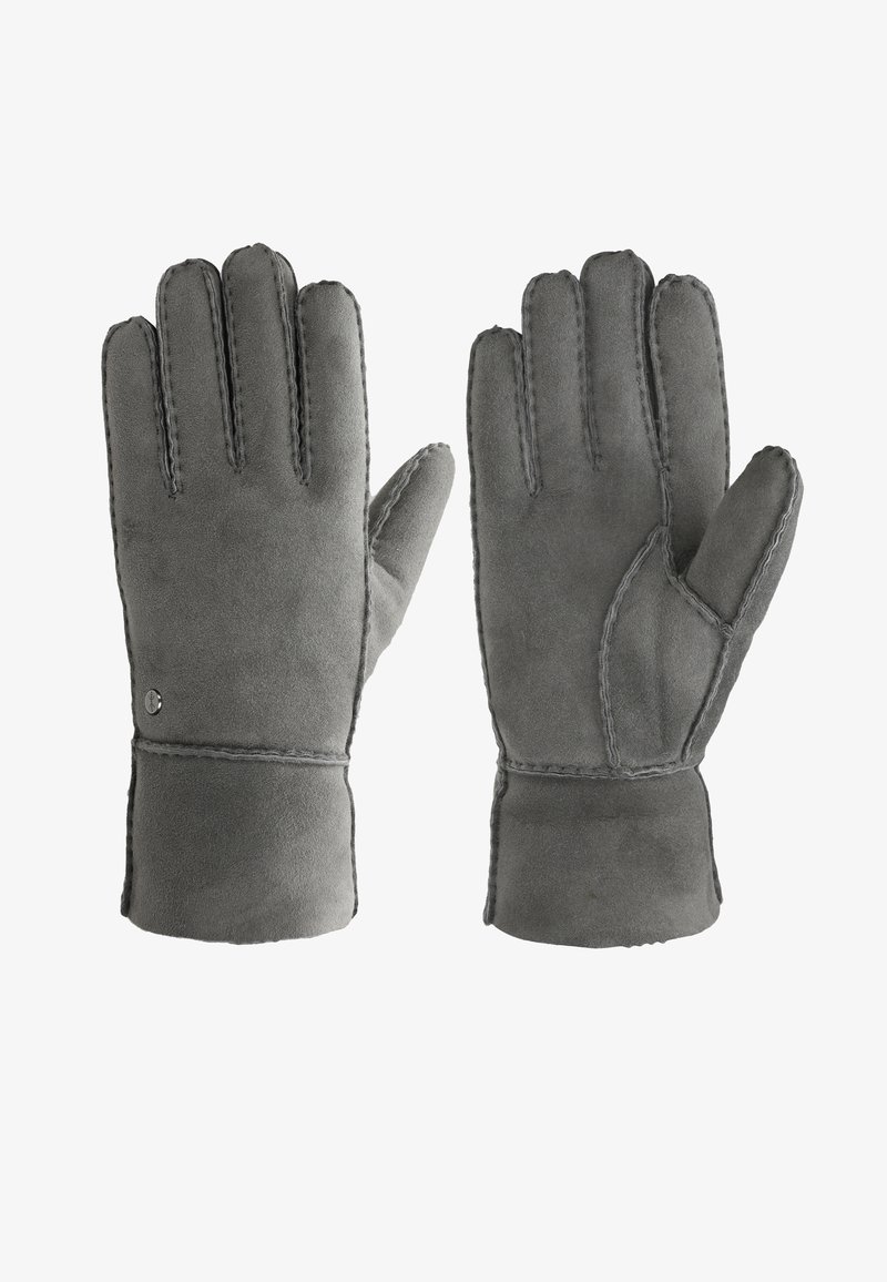 Para miękkich szarych rękawiczek z zamszu, z widocznym szwem, prezentujących widoki z przodu i z tyłu na białym tle.