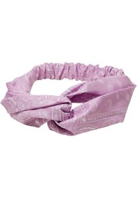 Lila Stoffhaarband mit Paisleymuster, mit einem geknoteten Vorderteil und elastischem Rücken für Komfort und Passform. Weicher Textur und leichtes Design.