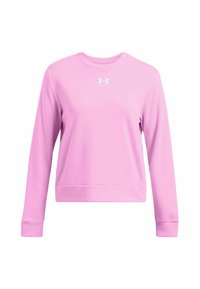 Sweatshirt rose à manches longues en matière douce. Doté d'un col rond, de poignets côtelés, et avec un logo blanc sur le devant.