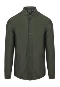 Langärmliges Hemd mit Knopfleiste aus dunkelgrünem Stoff mit glatter Textur. Verfügt über einen klassischen Kragen und passende Knöpfe entlang der Vorderseite.