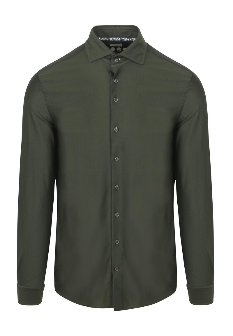 Langärmliges Hemd mit Knopfleiste aus dunkelgrünem Stoff mit glatter Textur. Verfügt über einen klassischen Kragen und passende Knöpfe entlang der Vorderseite.