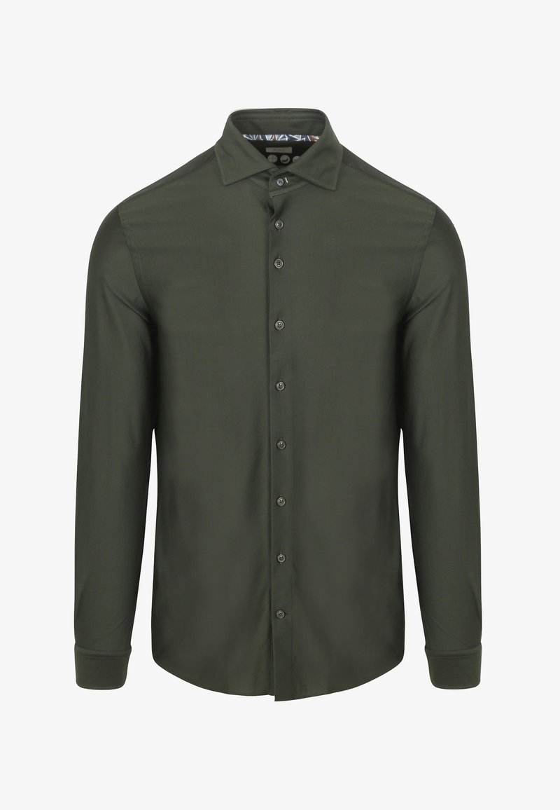 Langärmliges Hemd mit Knopfleiste aus dunkelgrünem Stoff mit glatter Textur. Verfügt über einen klassischen Kragen und passende Knöpfe entlang der Vorderseite.