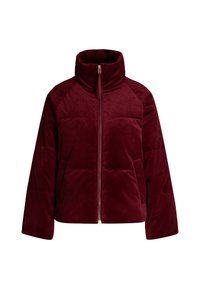 Giacca imbottita borgogna in tessuto morbido, con colletto alto, chiusura con zip e tasche laterali, caratterizzata da una texture trapuntata e maniche raglan.