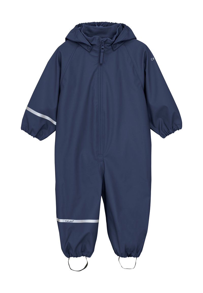 Marine waterproof sneeuwpak met een capuchon, elastische manchetten, een rits aan de voorkant en reflecterende strepen langs de armen voor zichtbaarheid.
