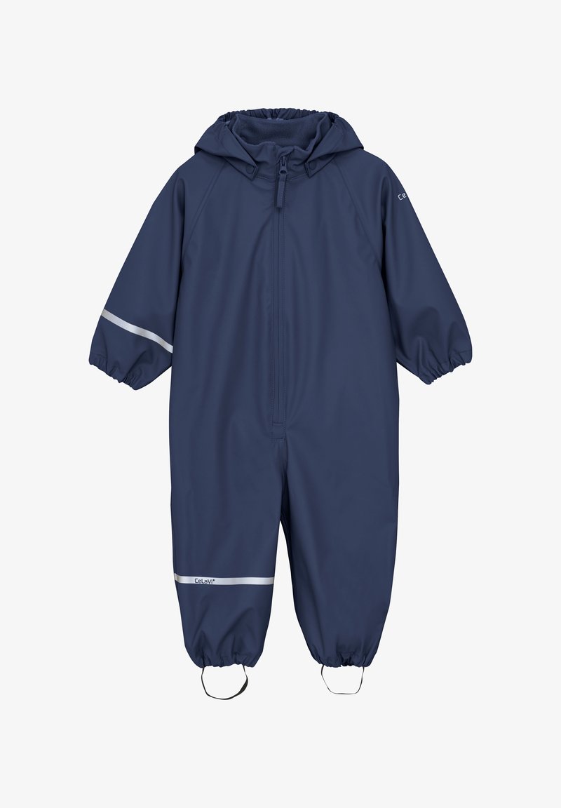 Marine waterproof sneeuwpak met een capuchon, elastische manchetten, een rits aan de voorkant en reflecterende strepen langs de armen voor zichtbaarheid.