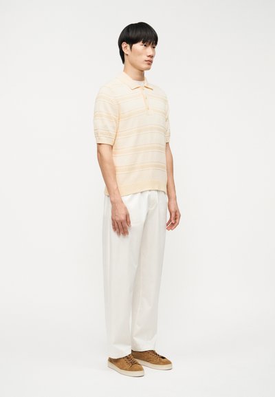 Ανοιχτό μπεζ πόλο μπλούζα με ρίγες, κοντά μανίκια και γιακά. Συνδυάζεται με λευκό παντελόνι και καφέ σουέντ αθλητικά παπούτσια. Απλός σχεδιασμός.