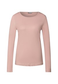 Lichtroze langesleeve T-shirt met ronde hals. Gemaakt van een gladde stof, heeft een eenvoudig ontwerp zonder zichtbare patronen of accenten.