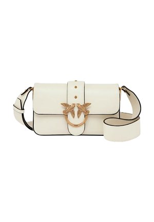 Borsa a tracolla in pelle bianca con dettagli a forma di uccello in tonalità oro, un particolare hardware circolare e finiture nere. Presenta una chiusura a pattina e una tracolla regolabile.