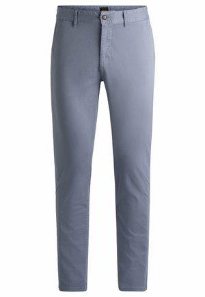 Chinos de un azul claro con corte ajustado, fabricados en una mezcla de algodón. Presentan un cierre con botón, bolsillos laterales y una textura suave.