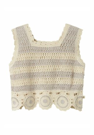 Gehaakte top met een vierkante halslijn, voorzien van afwisselend beige en roomkleurige strepen, en een scalloped zoom met cirkelpatronen.