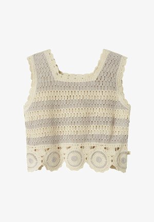 Top all'uncinetto con scollatura quadrata, caratterizzato da strisce alternate di beige e crema, con orlo a scallop e motivi circolari.