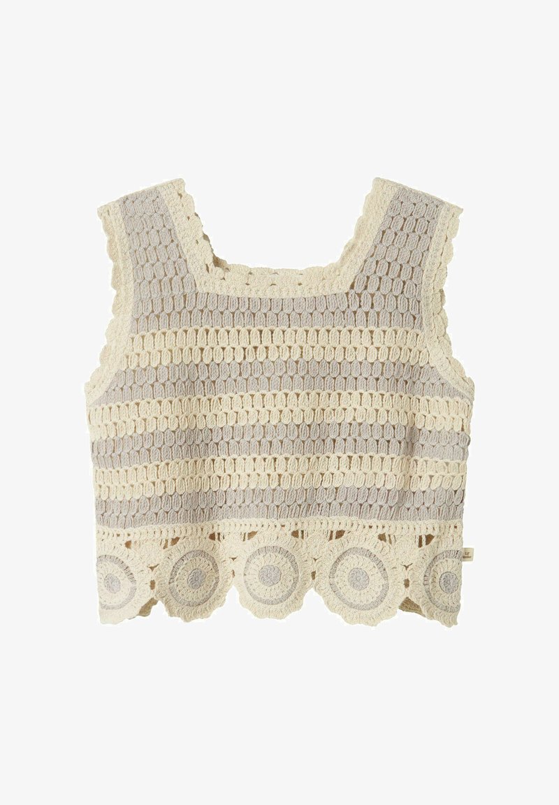 Kregždės viršus su kvadratiniu iškirpimu, su pakaitomis einančiomis smėlio ir grietinėlės spalvų juostelėmis bei banguotu apdaila su apvaliais raštais.