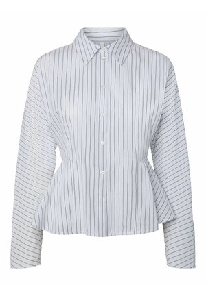 Bijela košulja dugih rukava s gumbima, s crnim okomitim prugama i dizajnom pepluma prilagođenog struku.
