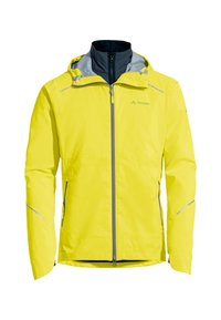 Gelbe wasserdichte Jacke mit Reißverschluss vorne, grauen Akzenten und verstellbare Kapuze. Mit reflektierenden Streifen und zwei seitlichen Reißverschlusstaschen.
