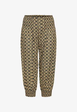 Mustrid musta ja kuldsega püksid, millel on elastne vöökoht ja kitsenevad pahkluud, kaunistatud geomeetrilise rombikujundusega.