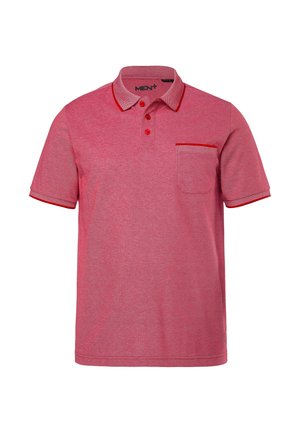 Punainen textuurikankaasta valmistettu poolopaita. Siinä on kauluksellinen pääntie, kolme nappia ja rintatasku, jossa on kontrastivärinen reuna. Lyhyet hihat.