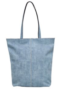 Sac fourre-tout en denim bleu clair avec deux longues anses, forme rectangulaire, texture lisse et détail de couture centrale.