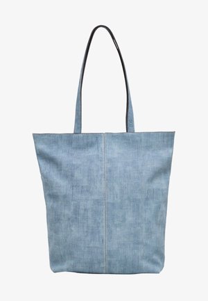 Jasnoniebieska torba na ramię z denimu z dwoma długimi uchwytami, prostokątnym kształtem, gładką fakturą oraz centralnym szwem.