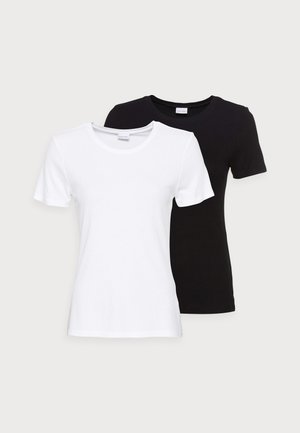 Two cotton t-shirts: one white and one black, both with short sleeves and a rounded neck, featuring a ribbed texture.