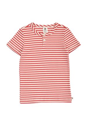 Korte mouwen kindernig met rode en witte horizontale strepen en twee witte knopen bij de kraag.