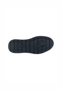 Suela de zapato de goma negra con una superficie texturizada, que presenta un patrón de tracción y un logotipo de un animal saltando en relieve en el centro.