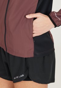 Veste coupe-vent en tissu marron et noir avec des fermetures éclair. Shorts noirs avec des ourlets arrondis et le logo blanc "ELITE LAB" à l'ourlet. Design à zip intégral.