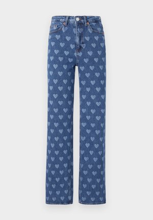 Blue denim jeans with a straight cut, featuring a repeated light blue heart pattern, copper buttons, and traditional five-pocket design.