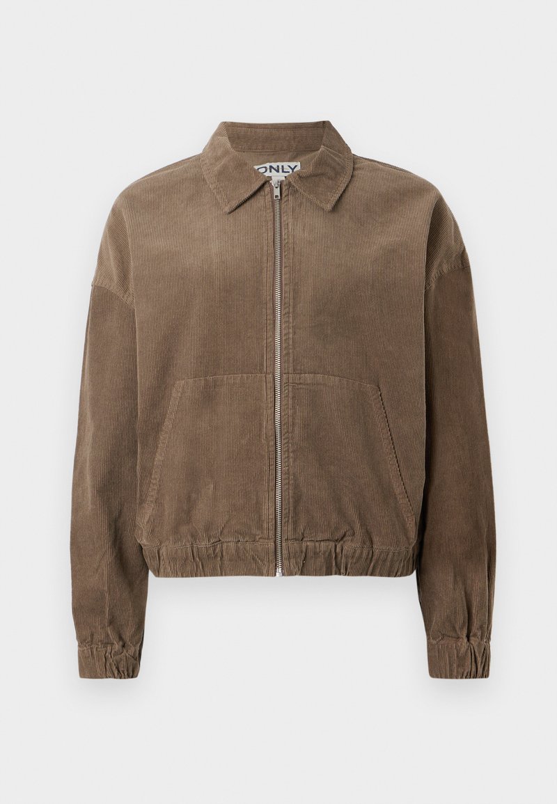 Veste en velours côtelé brun avec fermeture éclair à l'avant, col et ourlet élastiqué. Elle dispose de deux poches avant et de poignets côtelés, offrant une coupe décontractée.