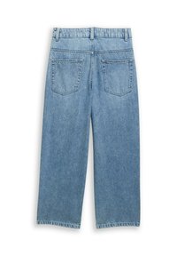 Lichtblauwe denim culottes met een hoge taille, twee achterzakken en een onafgewerkte zoom. Smooth textuur, recht gesneden ontwerp.