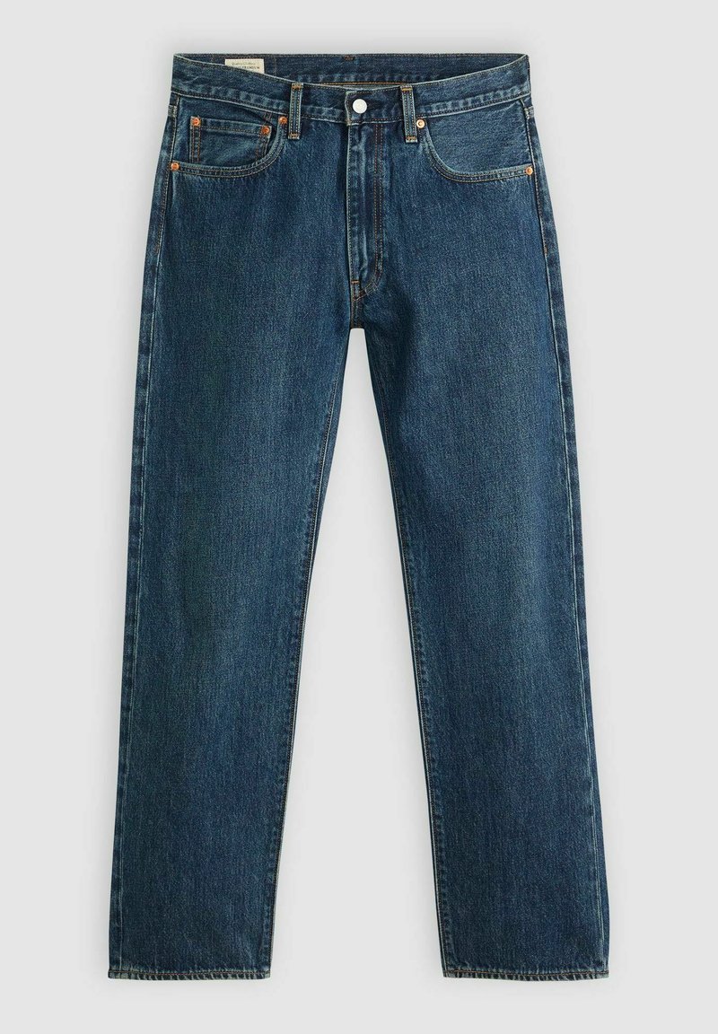 Blauwe denim jeans met een rechte pijp, voorzien van een vijfzakkenontwerp, koperen klinknagels en een klassieke tailleband met knoopsluiting.