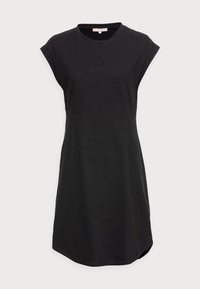 Robe en coton noir avec un col rond, des manches courtes roulées, une coupe droite et une légère forme évasée. Texture lisse et sans motifs.