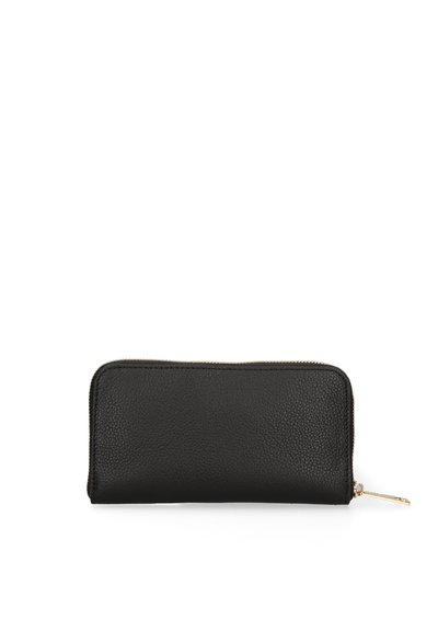 Portefeuille zippé en cuir noir texturé avec tirette de fermeture éclair dorée, présenté sur fond blanc.