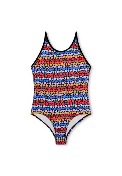 Costume intero con un motivo a cuori blu, rosso e giallo su uno sfondo nero; tessuto morbido; collo alto e spalline.