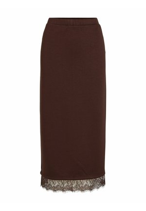 Jupe crayon marron foncé à coupe droite avec un détail en dentelle à l'ourlet, conçue pour une longueur mi-mollet.